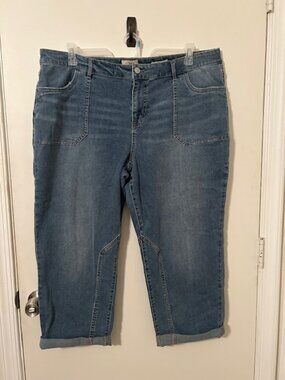 LOGO Lori Goldstein Denim Capri Jeans 24WP | Plus Petite Blue Wash Button Zip St
